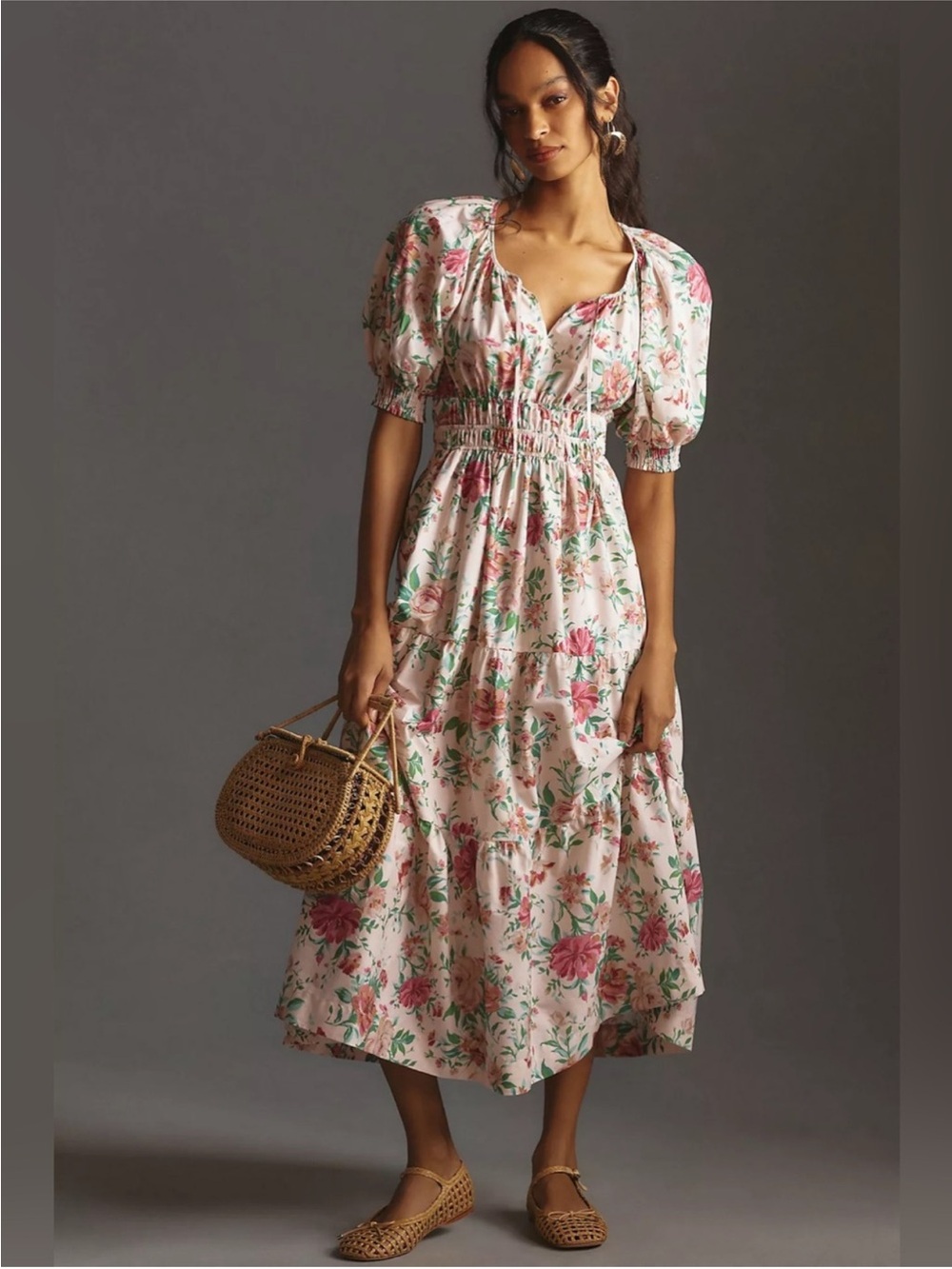 NWT Anthropologie Cotton The Somerset Puff Sleeve Floral Midi Dress Size M - Picture 3 of 14